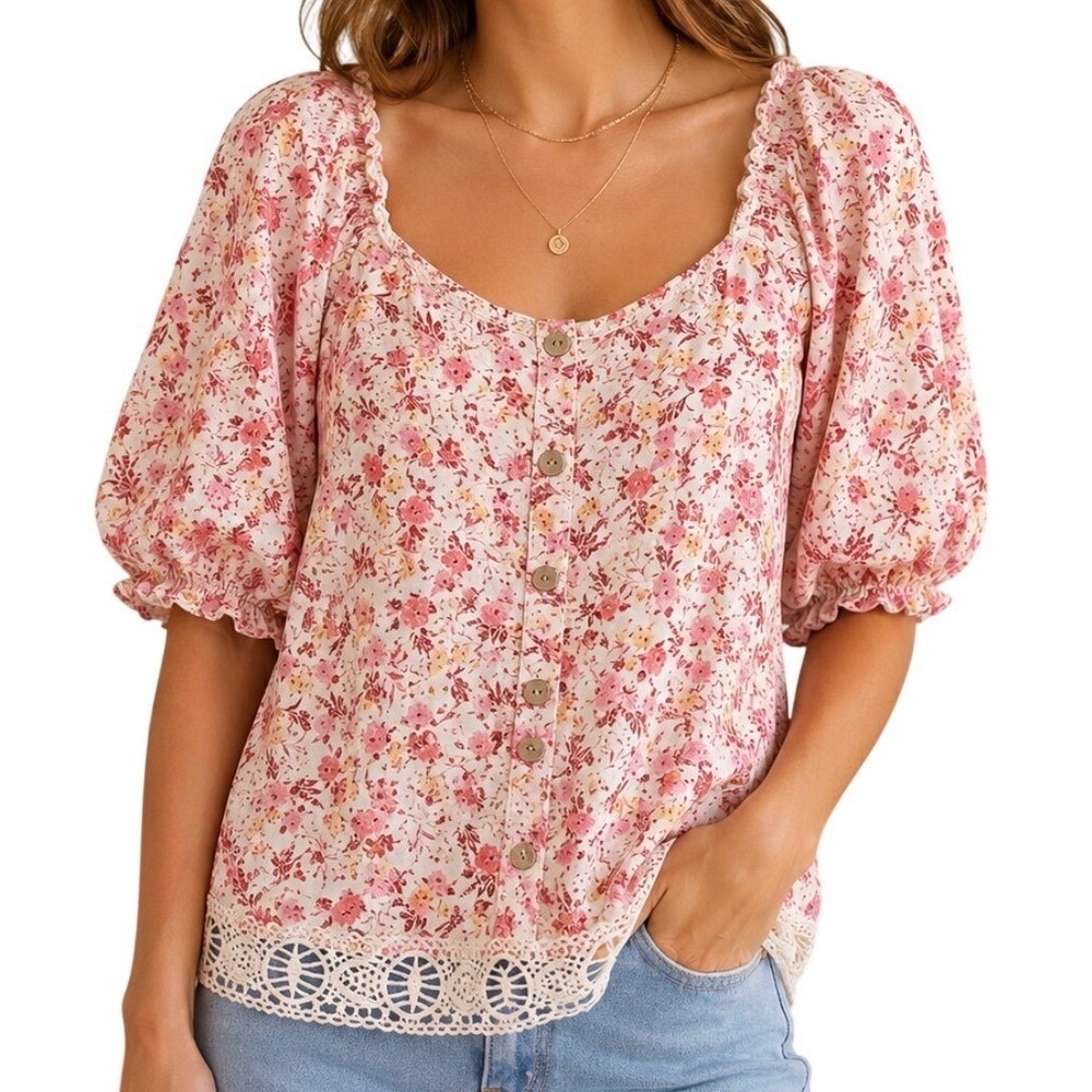 Unique Spectrum Fits S/M Floral Puff Sleeve Top Pink Lace Boho Summer pretty